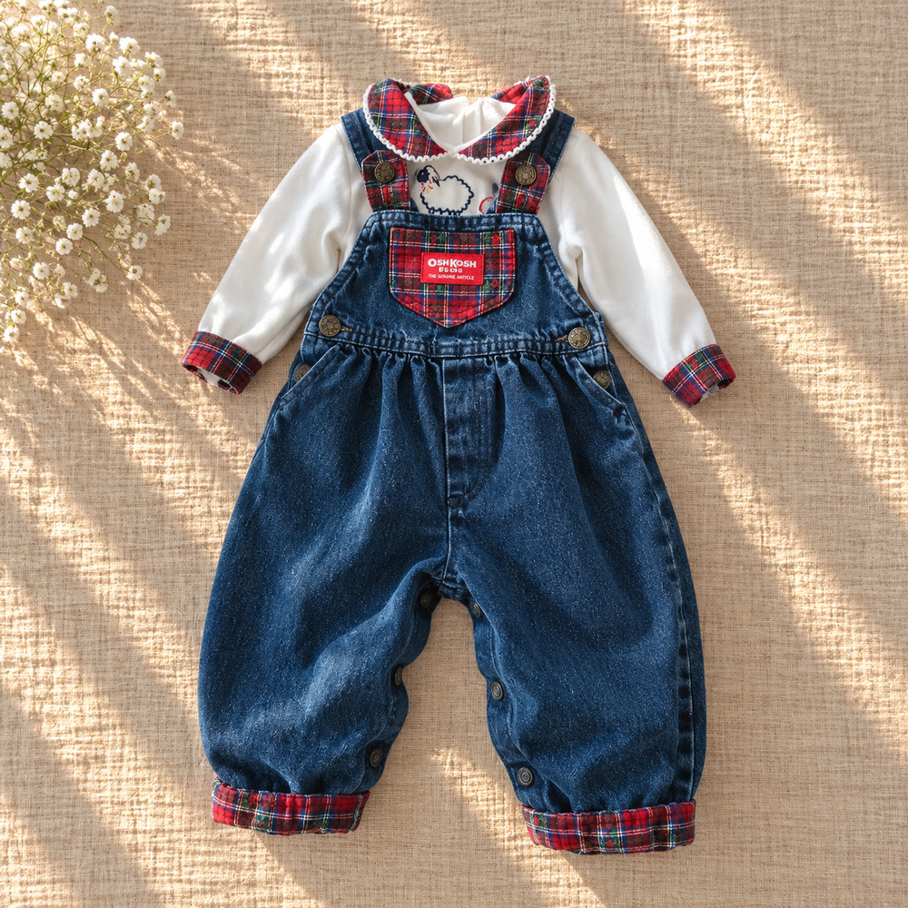 Vintage 1980s OshKosh B'Gosh Denim Overalls & Tartan Blouse Set | Girls 18M